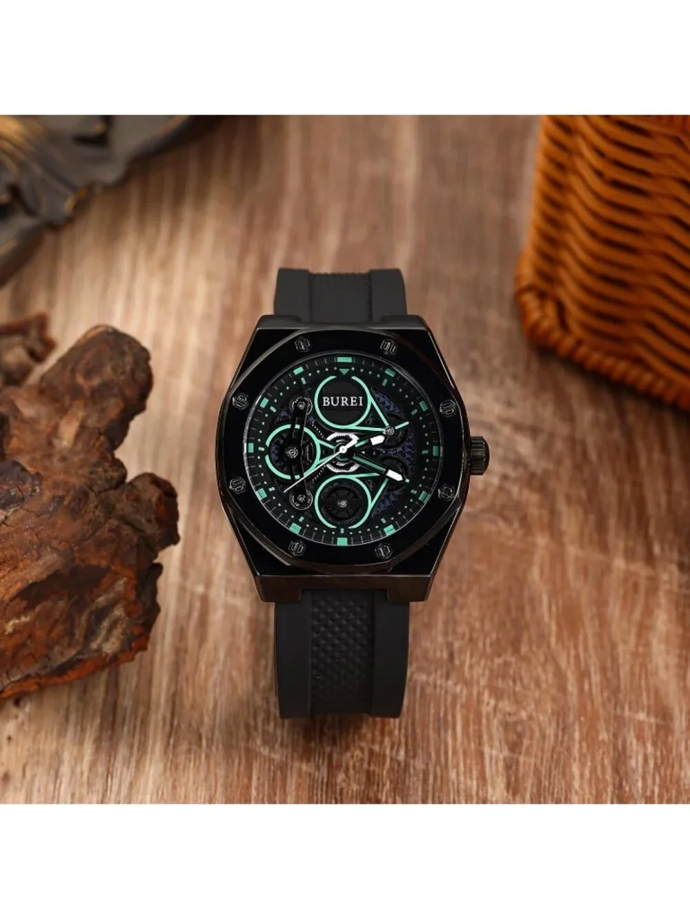 Men's All Black Analog Quartz Silicone Waterproof Geometric Design Classic Watch